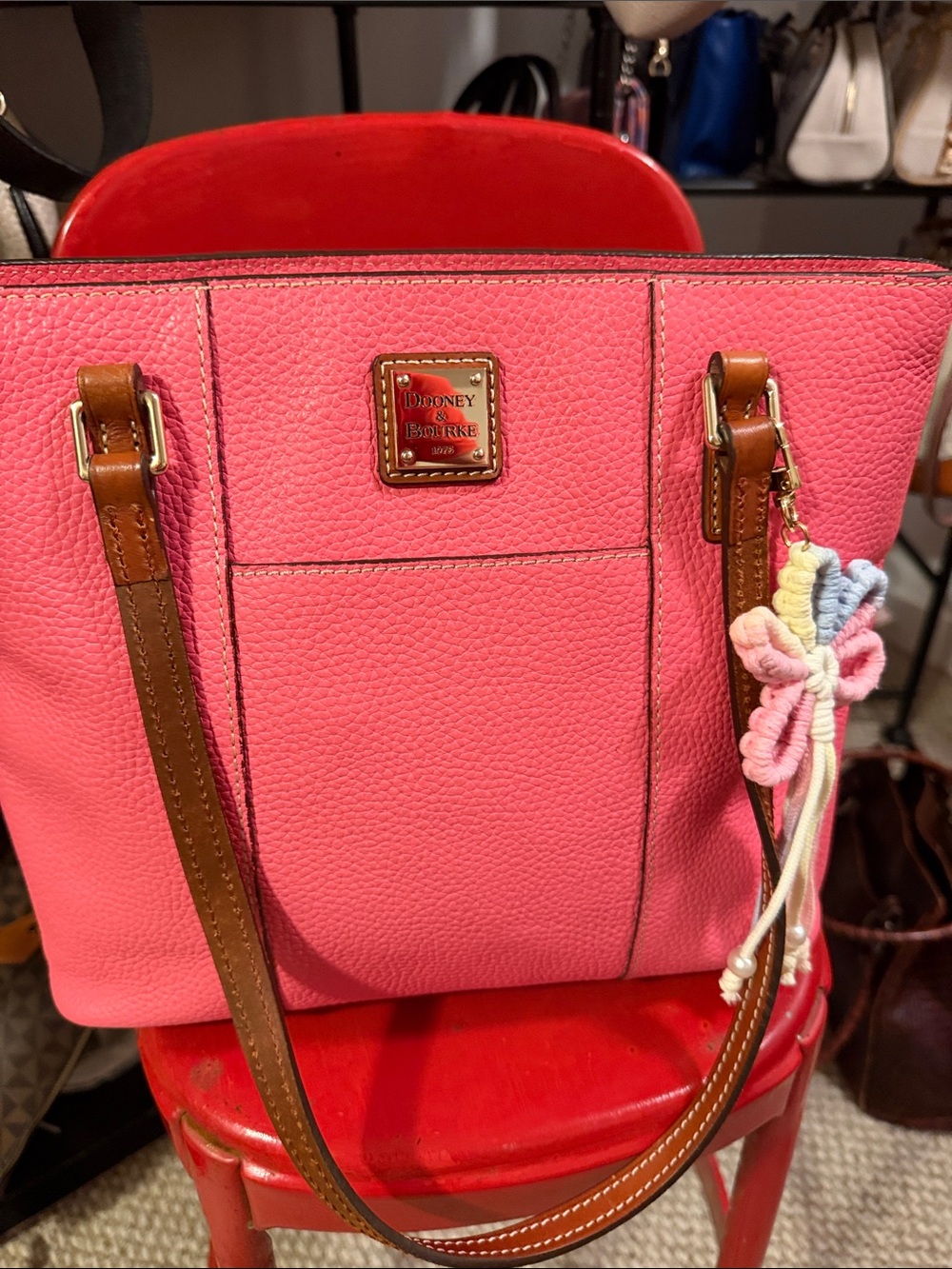 Dooney & Bourke Pink Pebble Leather Tote with Brown Trim and Charm